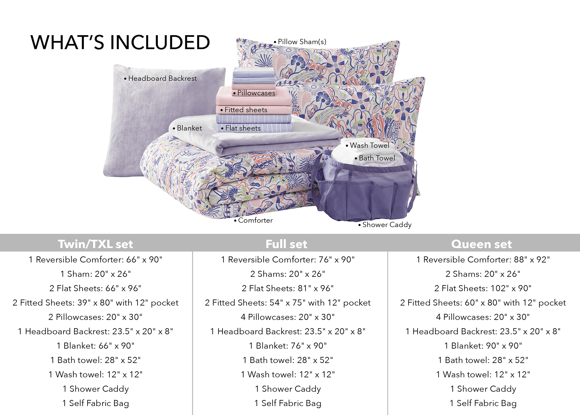14pc College Dorm Essentials Bundle, Twin-XL, Reversible Bed in a Bag Comforter Set, Purple Floral