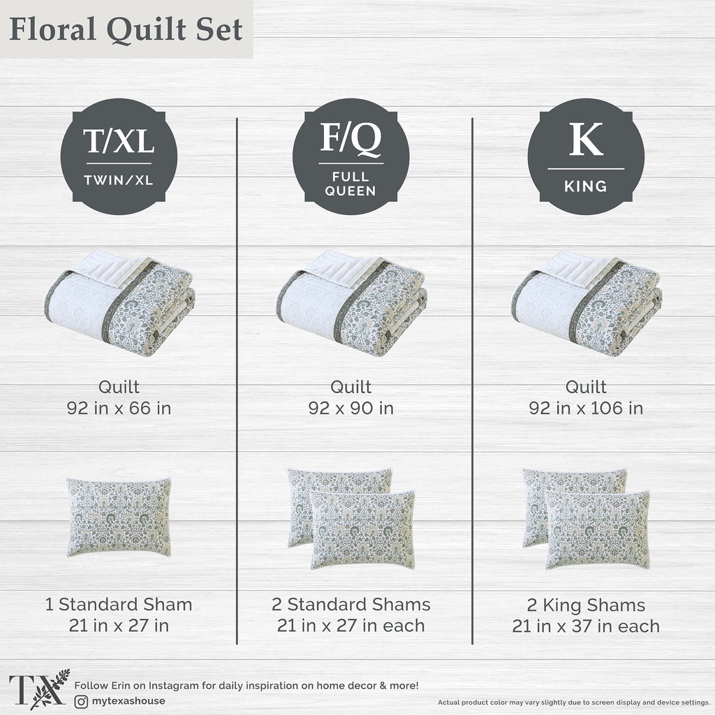 My Texas House Full/Queen Quilt Set, All-Season, 3-Piece, Sage Capri Jacobean Floral