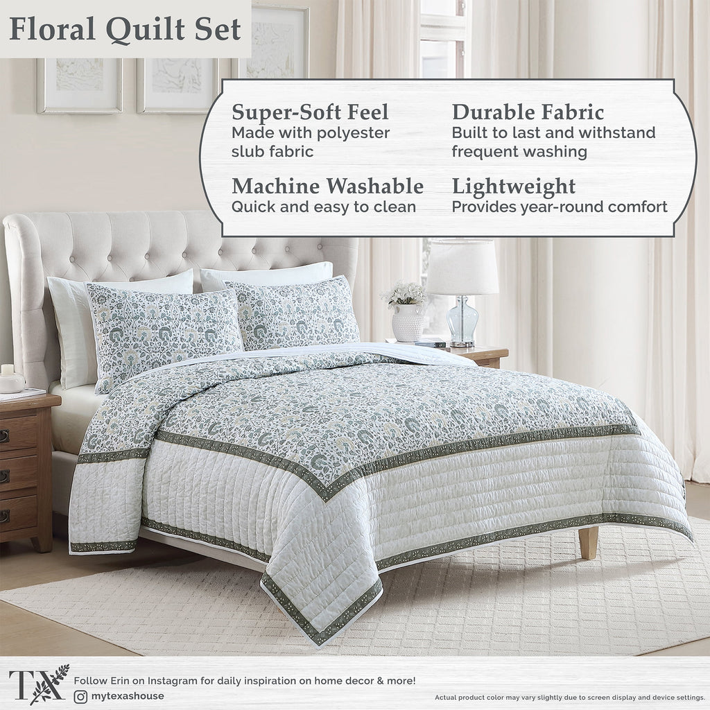 My Texas House Full/Queen Quilt Set, All-Season, 3-Piece, Sage Capri Jacobean Floral