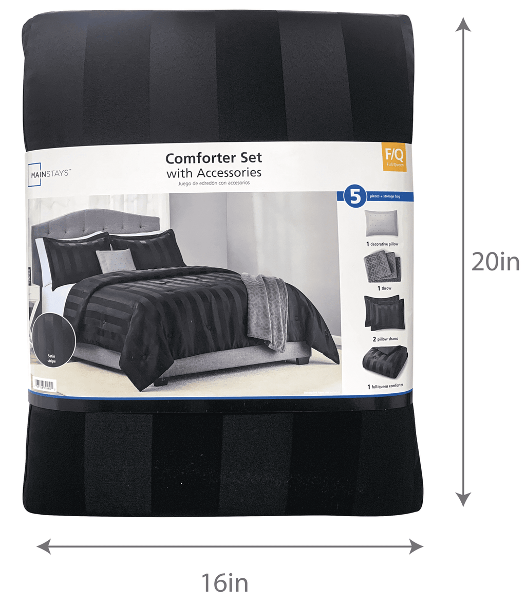 Mainstays Rich Black 5 Piece Damask Stripe Comforter Set, Full/Queen, Adult, Unisex