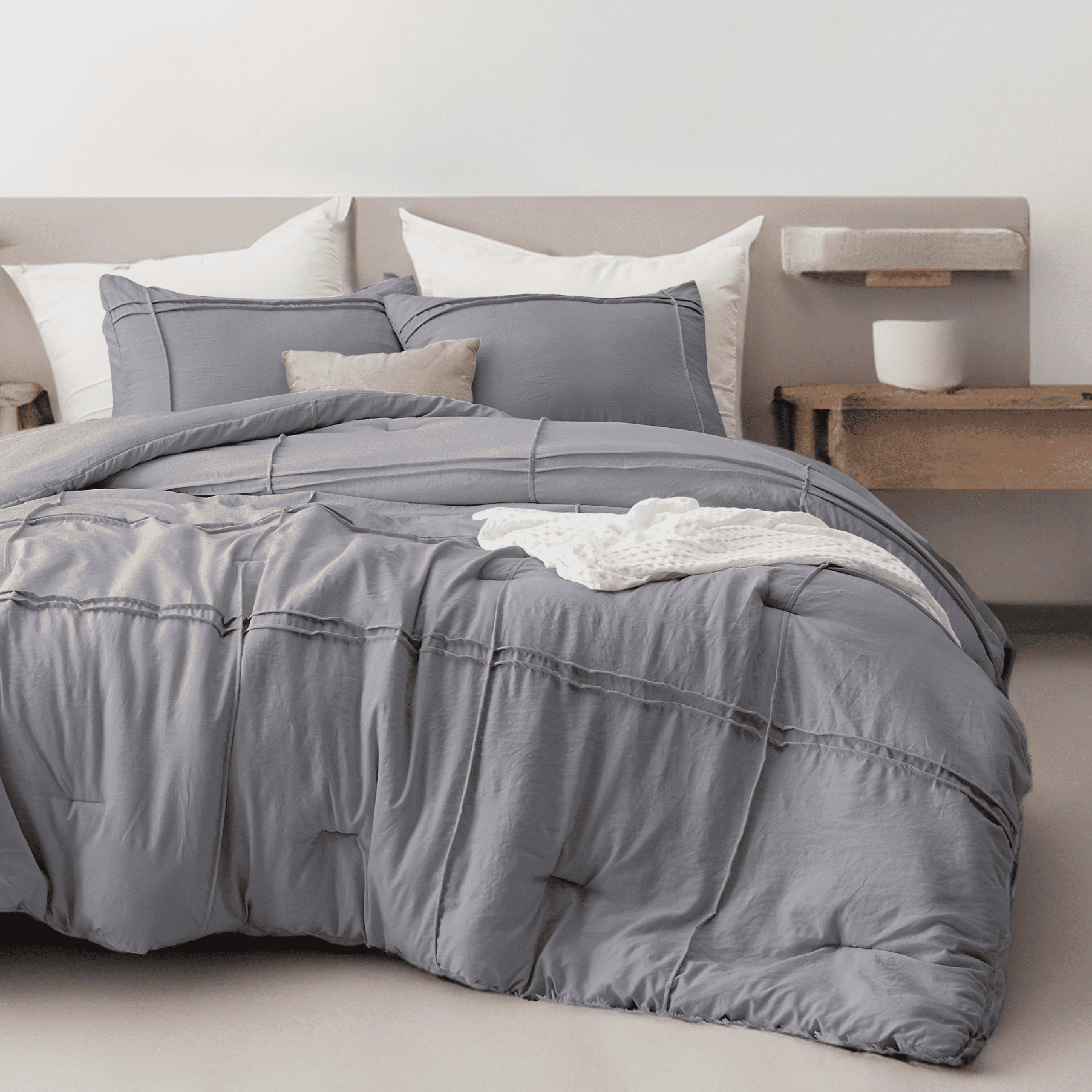 Full Comforter Set with Sheet - 4 Pieces Soft Grey Bedding Sets, Grid Pinch Pleat, All Season Lightweight Fluffy Bed Set with Solid Boho Comforter, Pillowcases & Sheet