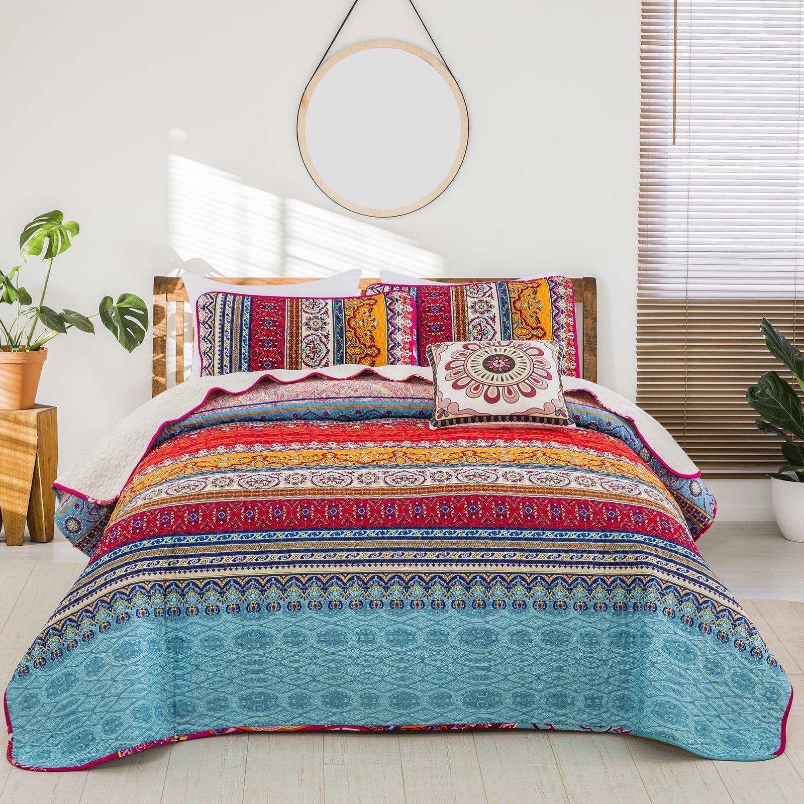 Dintszyayue Bohemian Quilt Set Queen Size,Blue Stripe 1Bedspread and 2Pillowcase Lightweight Adult(90"x96")