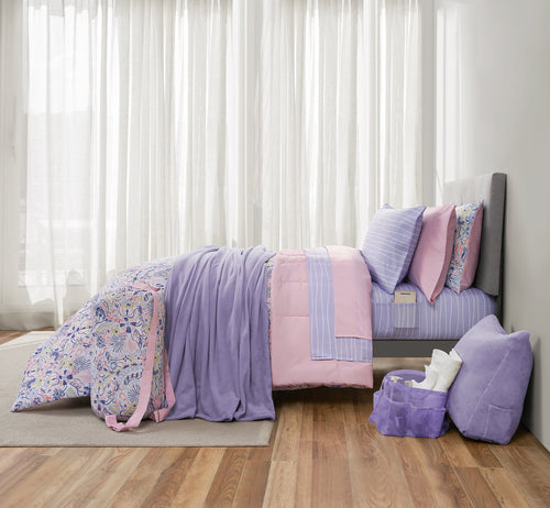14pc College Dorm Essentials Bundle, Twin-XL, Reversible Bed in a Bag Comforter Set, Purple Floral