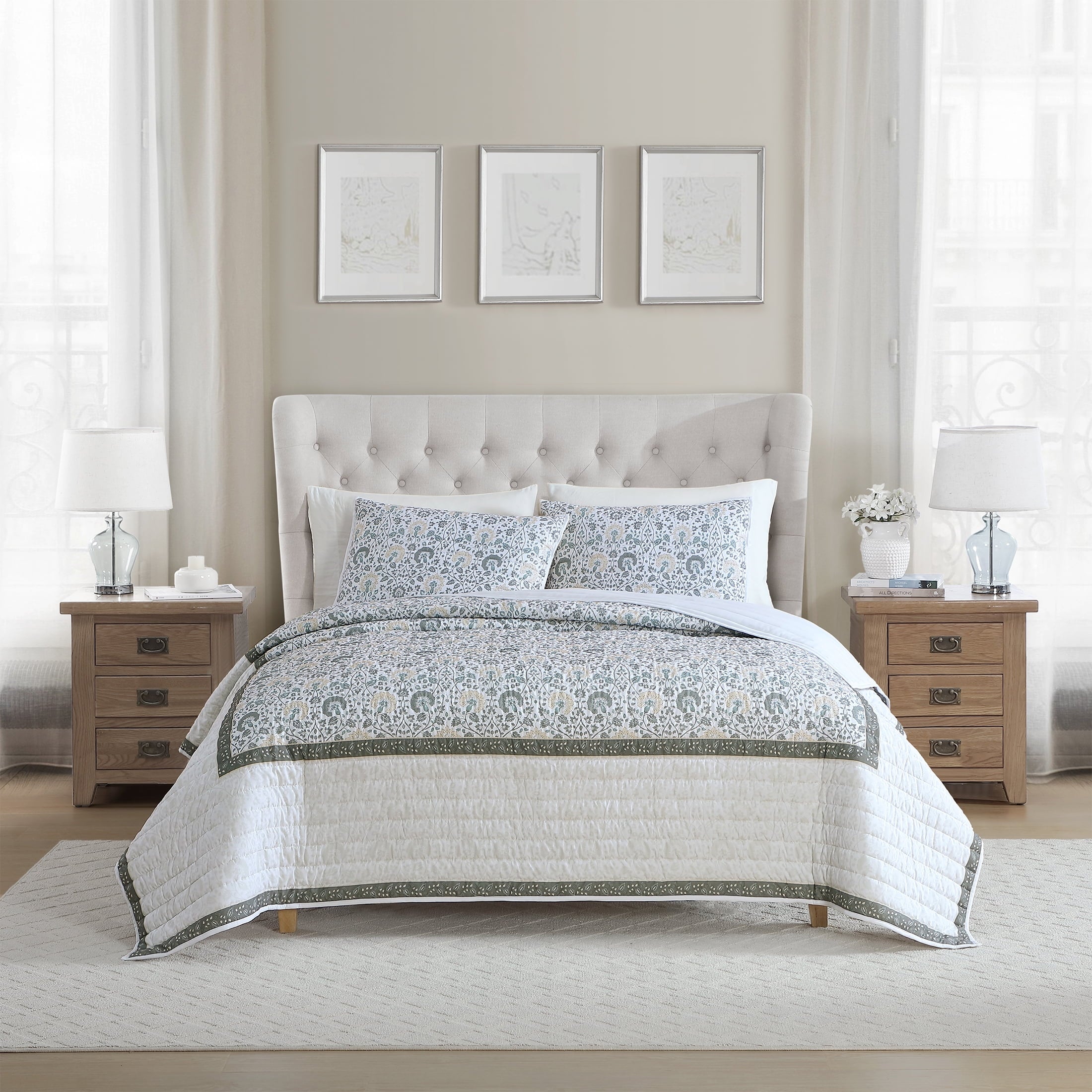 My Texas House Full/Queen Quilt Set, All-Season, 3-Piece, Sage Capri Jacobean Floral