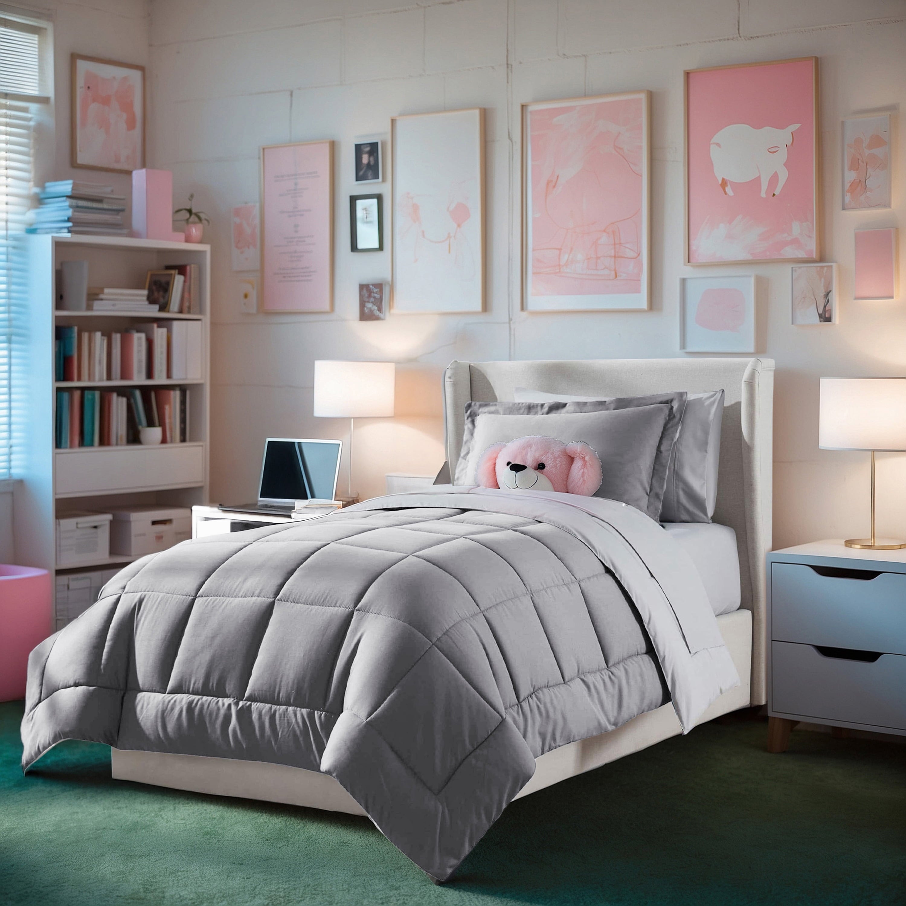 Virtu Queen Comforter Set, Bed in a bag, 7 Pc Reversible Bedding Comforter Set with Sheets, Bedding Set, Gray