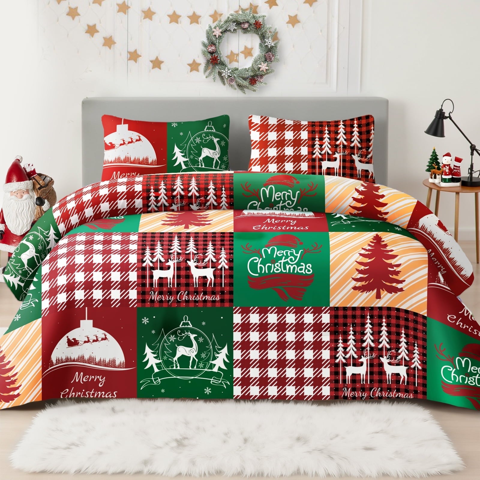 Whale Flotilla 3-Piece King Comforter Set, Soft Reversible Bedding Comforter Sets, Patchwork Printed Down Alternative Comforter Duvet for All Seasons, Grey