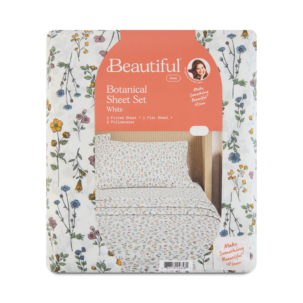Beautiful Botanical 4-Piece 100% Cotton Washed Percale White Sheet Set, Queen by Drew Barrymore