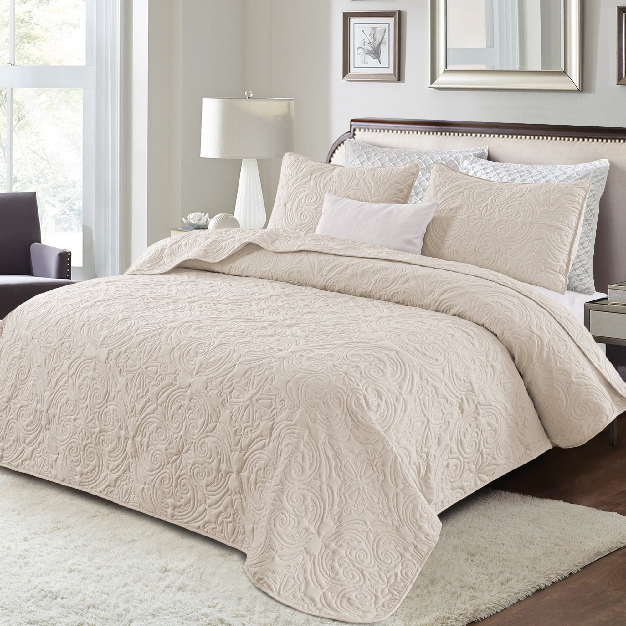 Exclusivo Mezcla Queen Quilt Bedding Set, Lightweight Vintage Queen Size Quilts with Pillow Shams, Soft Bedspreads Coverlets for All Seasons (96"x90", Brich Beige)