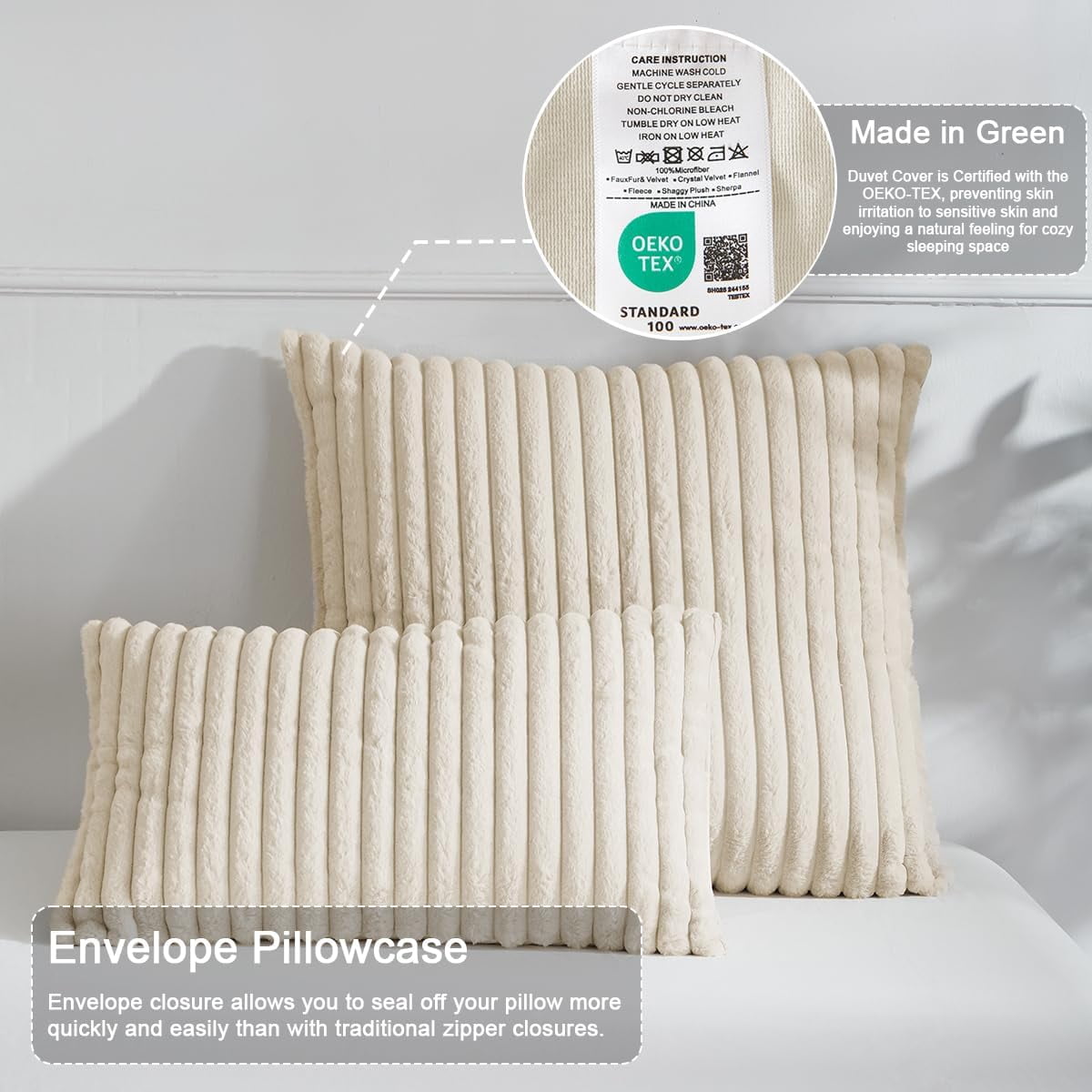 JOLUSERE Beige Fluffy Striped Duvet Cover Queen Set, 3-Piece Super Soft Faux Rabbit Fur Winter Warm Fuzzy Comforter Cover